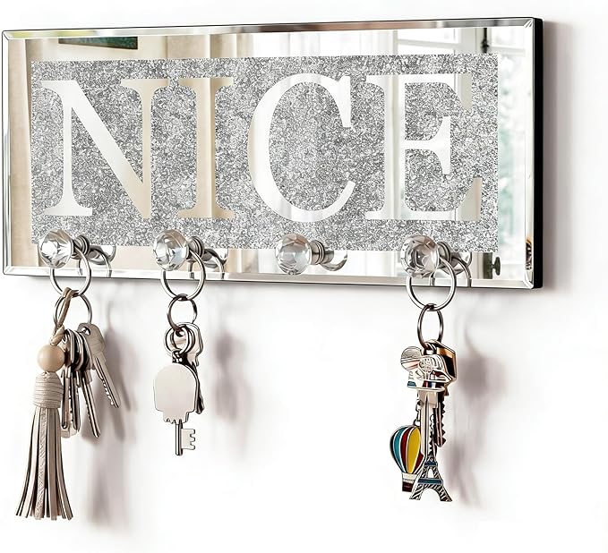SHYFOY Crystal Clear Hooks Key Holder Key Hanger, Sparkly Mirrored Home Letters Plaque Sign for Decor, Silver Mirror Decoration Wall Art for Entryway Hallway Living Room, Nice Letter
