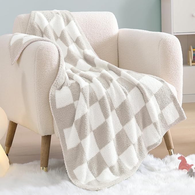 WRENSONGE Soft Checkered Throw Blanket for Couch-Cozy Warm Knitted Blankets | Lightweight Fluffy Decor for Boys & Girls, Sofa, Chair, Bed, 30x40in,Taupe