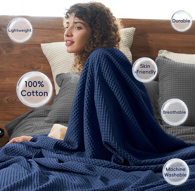 PHF Pre-Washed 100% Cotton Waffle Weave Throw Blanket for Couch, Lightweight Breathable Bed Blanket for Spring Summer, Snag Proof Machine Washable, Home Decor Gift - Navy Blue/Bright Blue