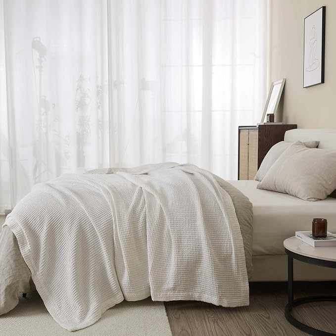 100% Cotton White Blanket Full/Queen Size for Bed - Breathable and Soft, Waffle Weave for Summer Spring, 90x90 Inches