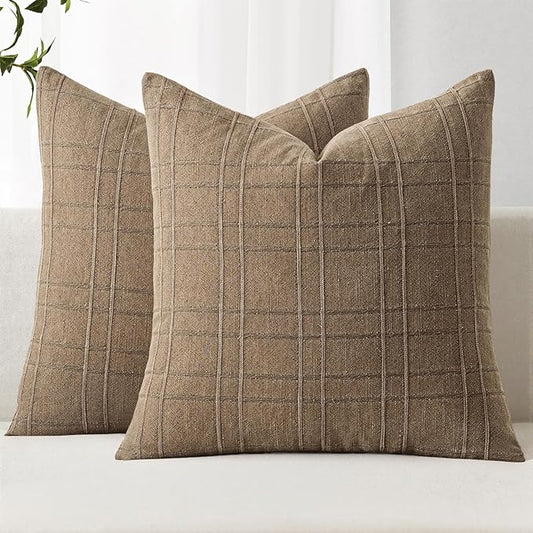 MIULEE Decorative Linen Check Euro Shams Throw Pillow Covers Neutral Farmhouse Vintage Pillow Covers 28x28 Set of 2 Boho Modern Winter Home Decor for Sofa Couch Bedroom Cushion Light Brown