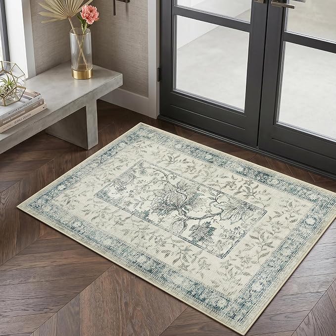GarveeHome Vintage Blue Small Rug 2x3 Door Mat Indoor Cottage Core Retro Farmhouse Low-Pile Stain Resistant Non-Slip Washable Rugs for Entryway Bathroom Bedroom Kitchen TPE Backing