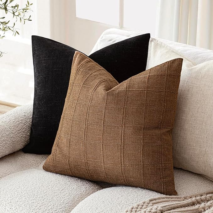 Foindtower Set of 2 Decorative Linen Check Throw Pillow Covers Neutral Farmhouse Vintage Cushion Covers Modern Boho Home Decor for Sofa Chair Couch Bedroom Living Room,20×20 Inch,Brown Hazel