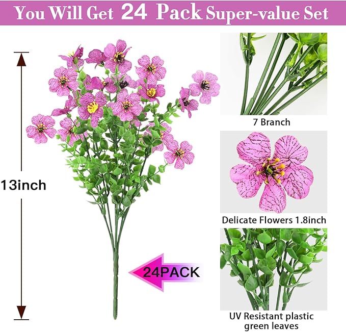 MERIXMAS 24 Bundles Artificial Flowers for Outdoors Decorations, Fake Flowers Artificial Plants Outdoor, Colorful Daisy Eucalyptus Realistic UV Resistant for Garden Patio Porch Home Decor, Purple