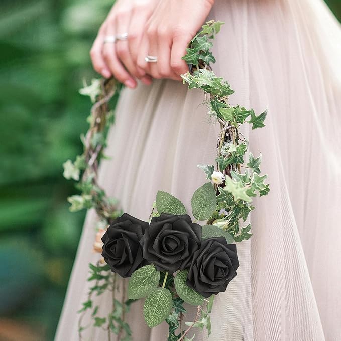 Mocoosy 50Pcs Black Roses Artificial Flowers, Fake Roses for Decorations, Real Touch Foam Rose Bulk with Stem Gothic Wedding Bouquet DIY Floral Arrangement Bridal Shower Mother's Day Party Table Decor