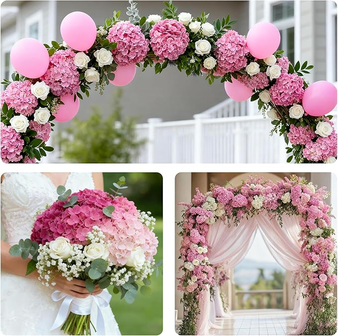 4 Pcs Artificial Hydrangea Silk Flowers with Stems, 19.7" Rose Pink Faux Hydrangeas Bouquet, 240 Petals, UV Resistant & Waterproof Fake Flower for Outdoor Wedding Home Decor