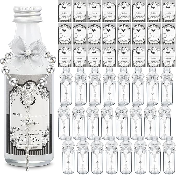 FillTouch 24 Sets Catholic Holy Water Bottle Baptism Rosary Set Baptism Favors 1.7oz Christian Water Container Empty Glass Holy Water Bottle for Easter Party Church Wedding Table Newborn (Silver)