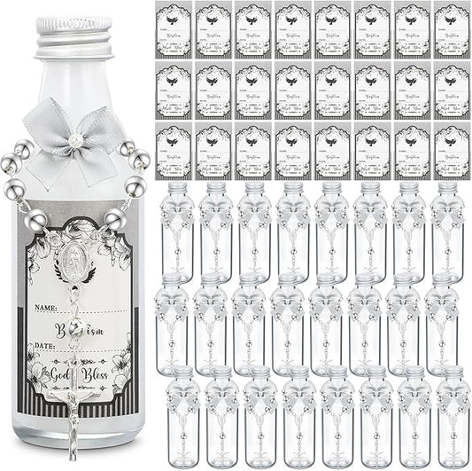 FillTouch 12 Sets Catholic Holy Water Bottle Baptism Rosary Set Baptism Favors 1.7oz Christian Water Container Empty Glass Holy Water Bottle for Easter Party Church Wedding Table Newborn (Silver)