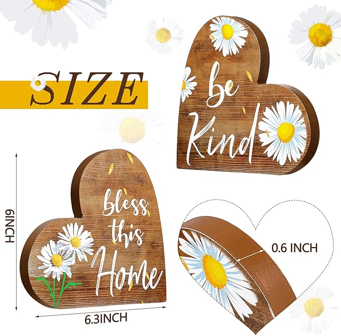 Jetec 2 Pcs Rustic Wooden Heart Table Decor, Daisy Farmhouse Home Decor, Bless This Home & Be Kind Sign for Living Room, Dining Room, Shelf & Mantel, Ideal Housewarming & Birthday Gift(Daisy Style)