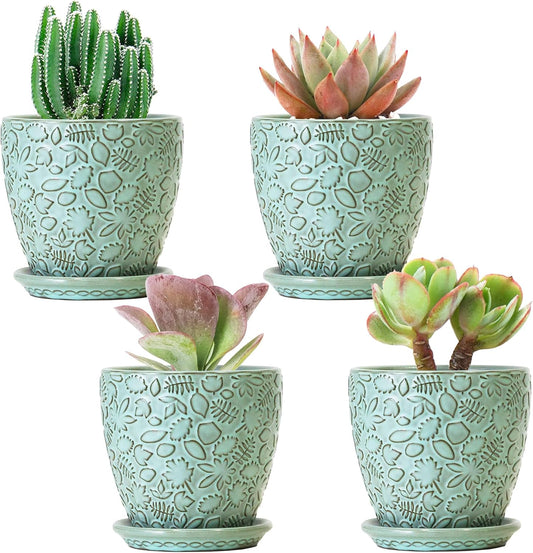 Succulent Planter for Indoor Plants, 4 Inch Small Ceramic Plant Pot with Drainage Holes and Saucers, Flower Pots for herb - Set of 4