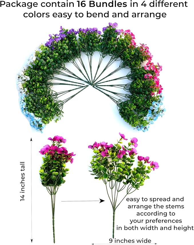 AXYLEX Artificial Flowers Outdoor Shrubs - 16 Bundles Fake Plants UV Resistant No Fade Faux Plastic Greenery Home Garden Porch Decoration Indoor (1, Multi 16-5)