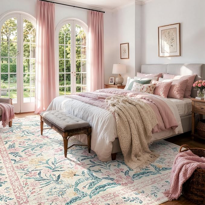 Wonnitar Machine Washable 10x14 Area Rugs, Large Living Room Rug Floral Pink and White Carpet, Boho Soft Ultra-Thin Foldable Carpets for Bedroom Dining Room Office