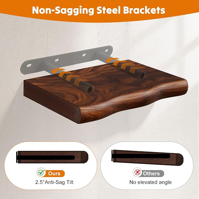 Solid Wood Live Edge Floating Shelves Set of 2 – 12" Rustic Wall Shelf with Hidden Bracket System, Wall Mounted Shelves for Bathroom, Kitchen, Living Room, Bedroom (Walnut)