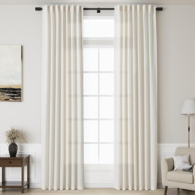Linen Cream Curtains 143 Inch Extra Long for Living Room Back Tab Light Filtering Semi Sheer Drapes Modern Farmhouse Coastal Decor Cotton Textured Curtain for Floor to Ceiling Window 52x143