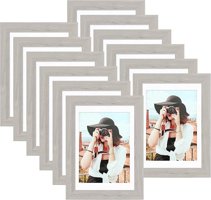 Picrit 5x7 Picture Frame for Wall Mounting or Table Top Display, Set of 12, Display 4x6 with Mat or 5x7 without Mat, Gray