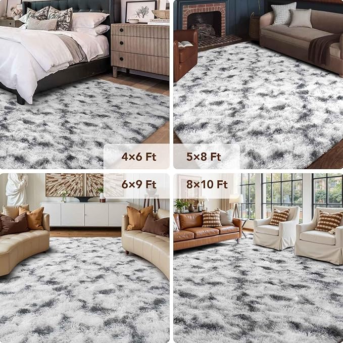 FinRèc 9x12 Rugs for Living Room Bedroom, Black and White Fluffy Shaggy Area Rug, Non-Slip Soft Shag Rug for Nursery Kids Room Dorm Room Home Decor, Indoor Plush Floor Carpet