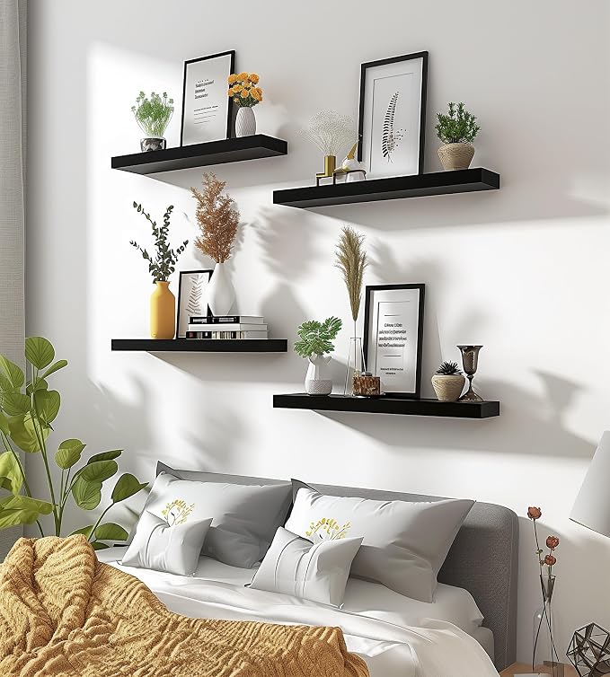 YYWUOJJ Wood Floating Shelves for Wall Decor, Rustic Wall Shelves for Bedroom Bathroom Kitchen Living Room, Set of 6 Black