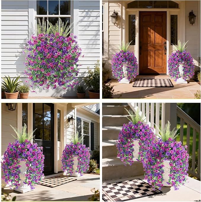 Artificial Fake Flowers Plants for Outdoor Decoration,3 Pcs Faux Hanging Flowers with Boston Ferns Spring Summer Decor,UV Resistant Realistic Fake Silk Flowers for Planter Balcony Yard Porch Garden