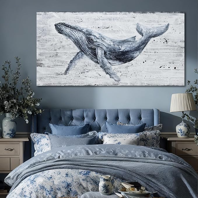 Large Whale Wall Art Monochrome Abstract Sea Life Canvas Posters print Contemporary Coastal Artwork for Living Room Office Bedroom Decor 29x58inch