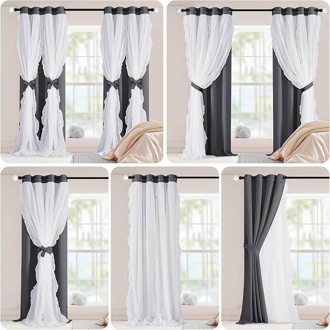 PONY DANCE Shabby Chic Curtains with Ruffle Sheer Overlay for Girls Bedroom, Double Layer Blackout Drapes,Farmhouse Rustic Design, W 52 x L 95 Inches, Grey, 2 Panels