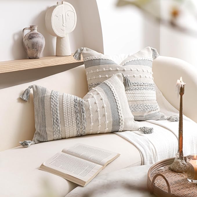 BlissBlush Gray Boho Decorative Throw Pillow Cover 18x18 Square Farmhouse Accent Cushion for Couch Sofa Livingroom Bedroom Pillowcase Modern Home Décor (Pack of 1)