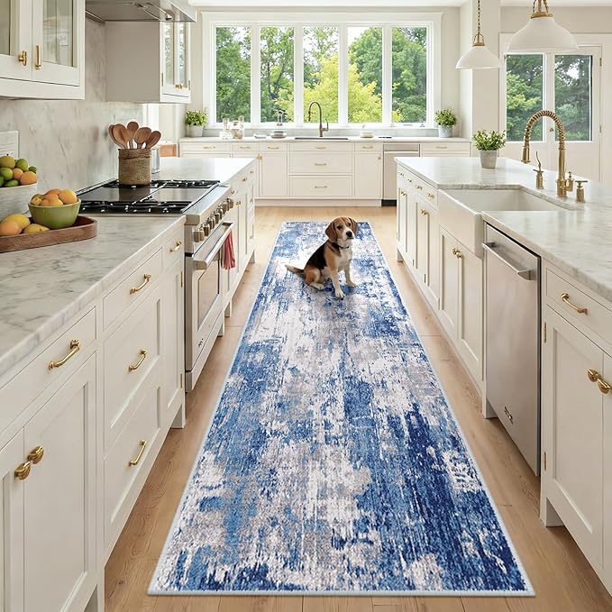 RELEANY Washable Area Rugs 2'6''x10 Non-Slip Modern Abstract Soft for Living Room Entryway Bedroom Nursery, Print Pattern, Blue Grey Navy Gray