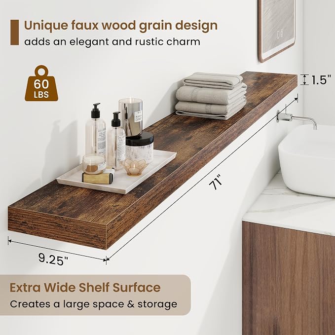 Marsmiles 55in Floating Shelves for Wall, 72" W x 9.25" D x 1.5" H, Long Wall Mounted Engineered Wood Shelves with Invisible Brackets for Living Room, Bedroom, Bathroom, Kitchen, Rustic Brown, 2Pcs