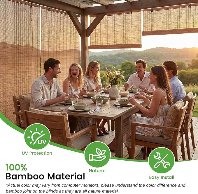 Bamboo Blinds, Easy to Install Bamboo Shades for Indoor Windows, Custom Sizes Roller Shades for Indoor Windows, Roll Up Blinds Indoor Outdoor Patio