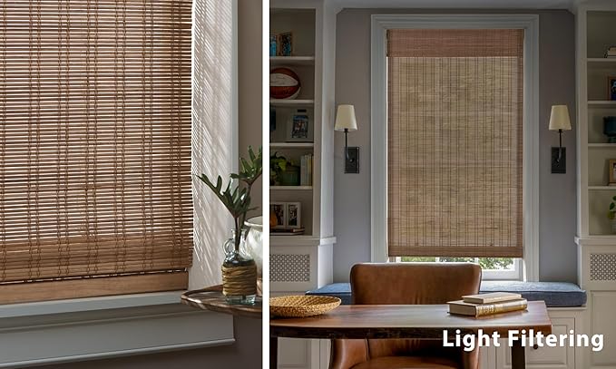 LazBlinds No Tools No Drill Cordless Bamboo Roman Shades, Light Filtering Window Treatment, Roll Up Bamboo Blinds for Windows 39'' W x 72'' H, Ceylon Light Russet