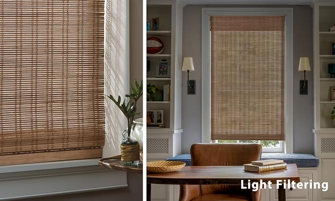 LazBlinds No Tools No Drill Cordless Bamboo Roman Shades, Light Filtering Window Treatment, Roll Up Bamboo Blinds for Windows 29'' W x 72'' H, Ceylon Light Russet