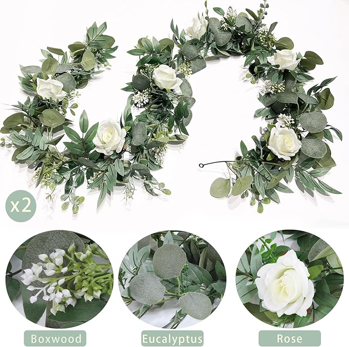 2 Pack 13Ft Artificial Spring Eucalyptus Flower Garland with White Roses, Fake Flower Greenery Floral Green Garland Vines for Wedding Arch Table Runner Backdrop Mantle Home Decorations (White)