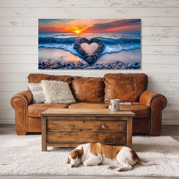 Ggaafet Romantic Love Beach Wall Art for Living Room Canvas Painting Prints Romance Sunset Blue Sandbeach Art Deco Modern Artwork Office Bedroom Family Room Decor Large