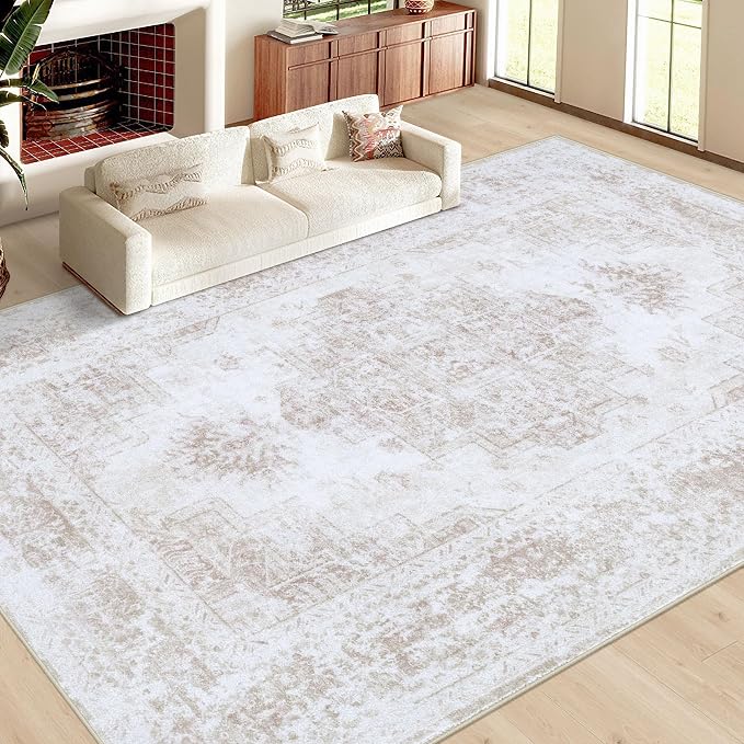 XLUEZ Area Rug 10x12 Living Room Rug, Machine Washable Vintage Distressed Medallion Rug Non-Slip Soft Low Pile Large Indoor Rugs for Bedroom Kitchen Dining Room Office(Beige,10'x12')