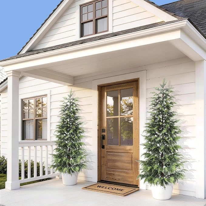 ENVEN Outdoor Artificial Topiary Cedar Tree Real Touch Faux Pine Evergreen Shrub Plant UV Resistant Greenery Tree with Pot Realistic Cypress Front Porch Decor (5FT-1Pack)
