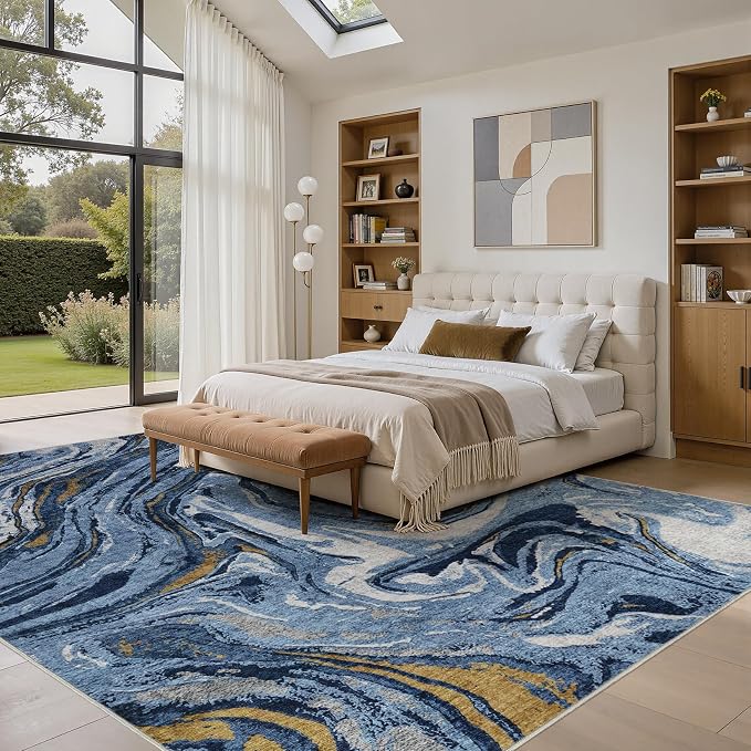 DMOYEST 7x9 Area Rug for Living Room - Washable Neutral Modern Abstract Rugs Soft Non-Slip Carpet Low Pile Indoor Floor Mat for Bedroom & Dining Room Decor for Families with Kids and Pets - Dark Blue