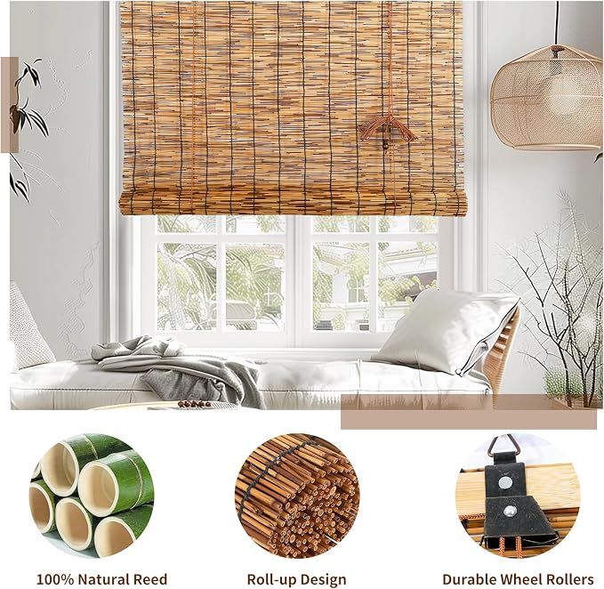 Reed Roller Blinds Shades, Vertical Lifting and Breathable Waterproof Design, Sun Shade and Ventilation, Easy Installation,30" Wx64 H