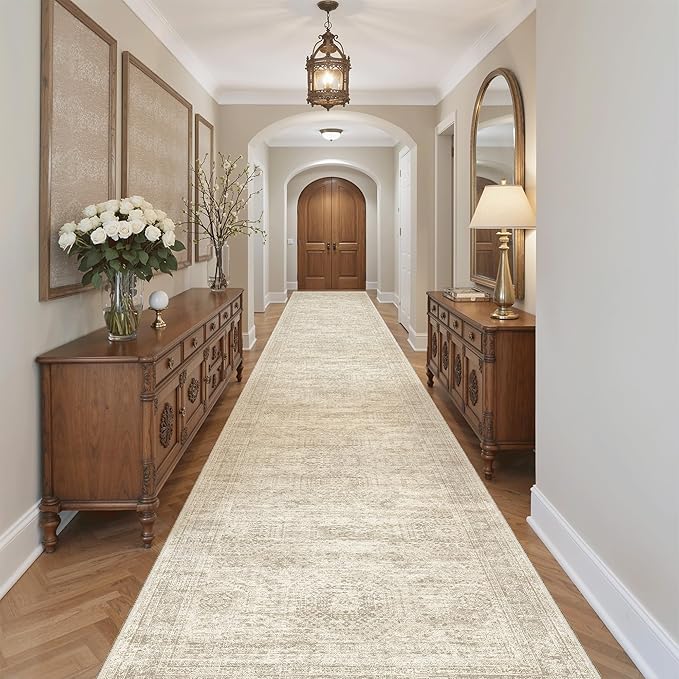 Soalmost Hallway Runner Rug 3x18 - Kitchen Rugs 18ft Washable Entryway Rug Vintage Kitchen Runners Non Slip Farmhouse Indoor Carpet Runner for Living Room Bedroom, Beige
