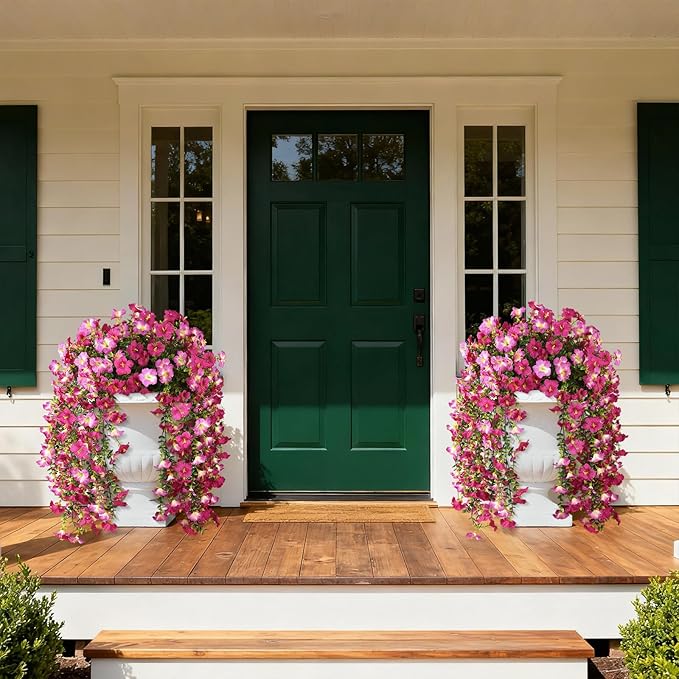 Artificial Fake Flowers Plants for Outdoor Spring Summer Decoration,2 PCS Faux Silk Morning Glory with Eucalyptus Leaves,UV Resistant Realistic Outdoor Flowers for Balcony Porch Patio Yard Garden