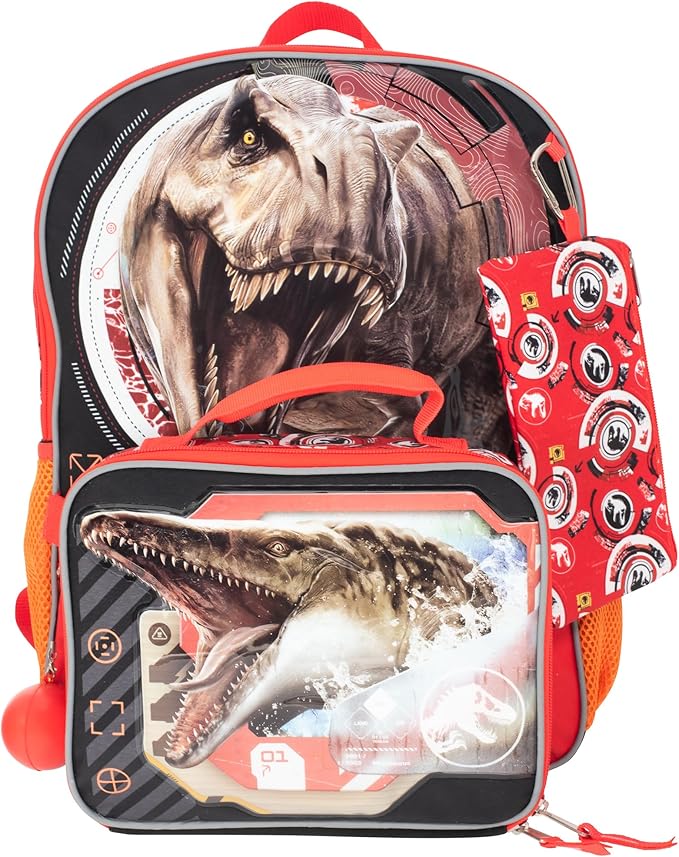 AI ACCESSORY INNOVATIONS Jurassic World 5 PC Backpack Set, Girls & Boys Big Face School Bag 16” with Front Zip Pocket