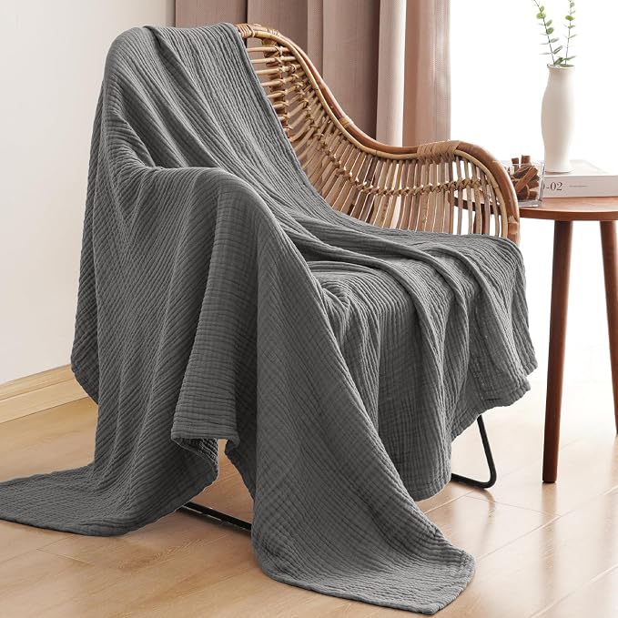 PHF 100% Cotton Muslin Blanket Twin XL Size 66"x90", 4-Layer Lightweight Gauze Throw, Breathable Cloud-Soft Minimalist Blanket for Bed, Couch, Camping & Baby, Greyish Black, Ideal Gift
