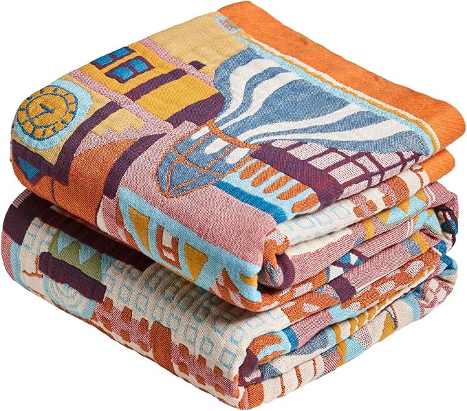 MSGKV Whimsical Roman Castle 100% Cotton Woven Throw Blanket, 50"x60" Colorful & Lightweight&Summer Breathable Art Cartoon Throw Blanket for Couch Bed, Unique Decor for Adult Bedroom, Living Room