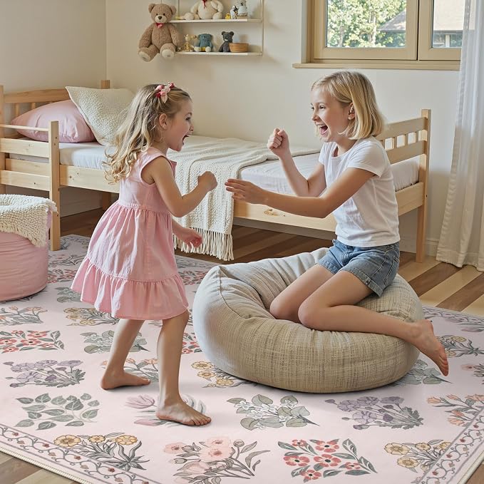 Wonnitar Pink Rugs for Bedroom Girls Nursery, Floral Print 5x7 Washable Rug, Boho Ultra-Thin Non Slip Soft Cozy Carpet for Room Decor Kids Playroom Office Living Room, Pale Pink