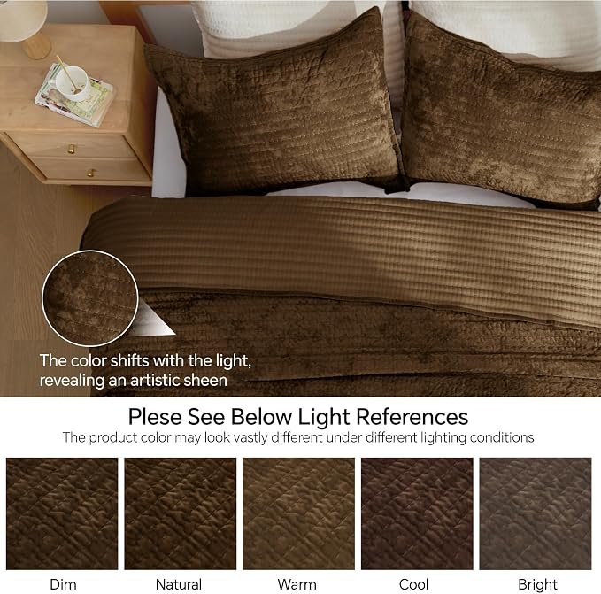 BEDELITE Velvet Quilt Set Queen Size - Luxury Soft Velvet Comforter Bedding Set for All Season, Lightweight Quilted Channel Stitch Oversized Bedspread Coverlet with 2 Matching Shams, Brown