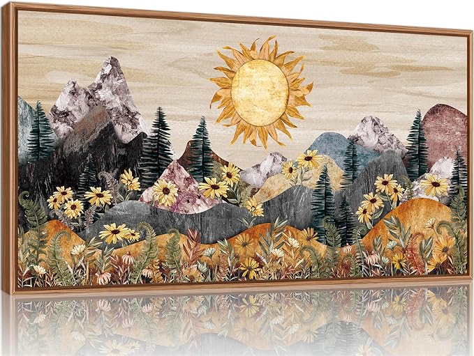 Rantodecor Boho Mountain Framed Canvas Wall Art, Western Daisy Floral Landscape Wall Decor, Rustic Fern Flowers Art Painting, Modern Fantasy Nature Sun Artwork for Bedroom Living Room Office 40"x20"