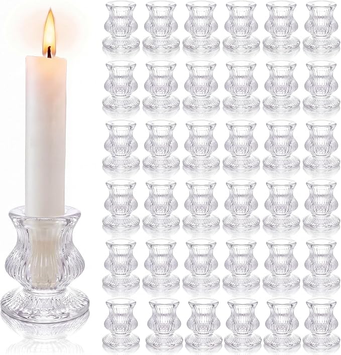 Mumufy 36 Pcs Glass Candlestick Holders Bulk 2.4 Inch Clear Candle Holders Tapered Candle Holder for Table Centerpiece Wedding Housewarming Gift Dinner Party Decor