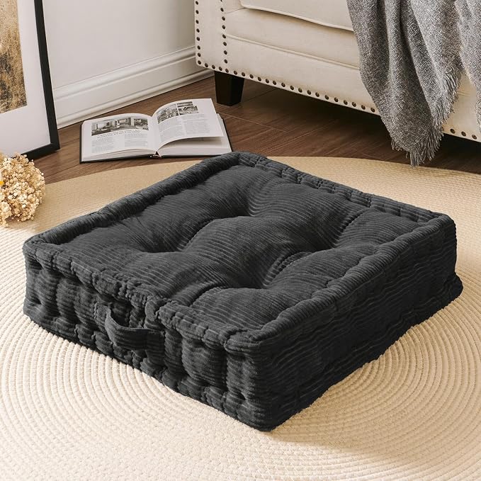 Wellsin Square Floor Pillows for Adults Kids - Meditation Floor Pillow Seating Cushion - Tufted Floor Cushion with Shredded Foam & Velvet Cover, 2 Pack, 20x20 Inch, Gray
