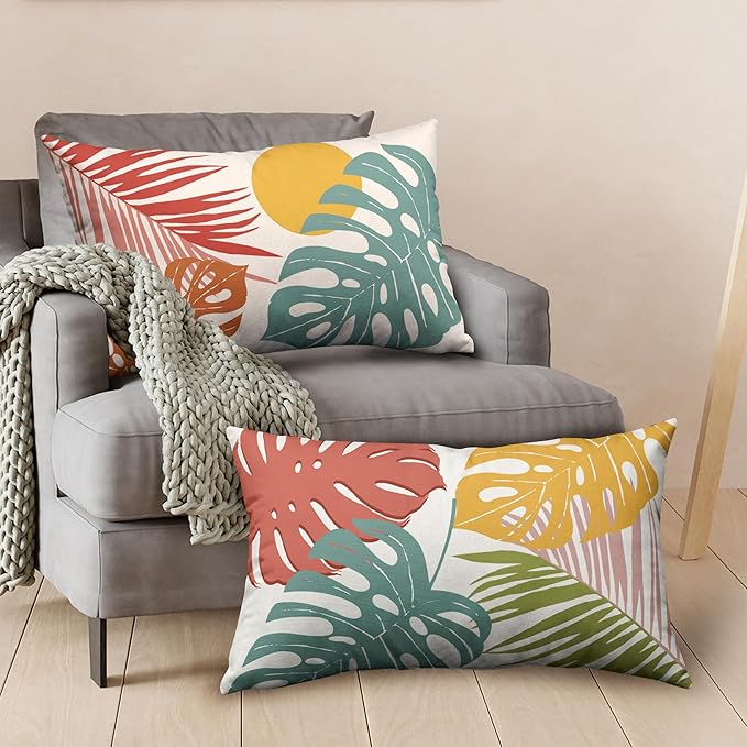 Set of 2 Summer Tropical Leaves Lumbar Throw Pillow Covers Palm Banana Leaf Pillow Covers 12x20 Abstract Sun and Monstera Leaf Cushion Case for Sofa Patio Indoor Outdoor Decor
