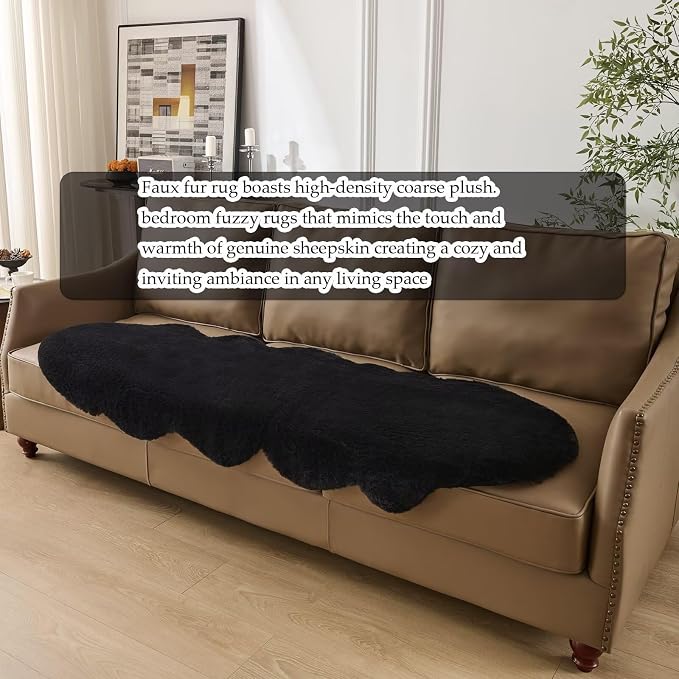 1700GSM Fuzzy Faux Sheepskin Fur Area Rug,Extra Soft Faux Fur Mat,Fluffy Shaggy Fur Rug for Bedroom Living Bedside Rug Room Decor-Black, 4 x 6 ft