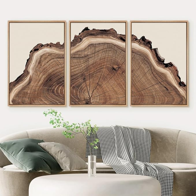 SIKERIC Framed Nature Tree Ring Wall Art, (24X36 inch) Modern Wood Stump Canvas Wall Art Set Of 3,Large Wood Tree Spiral Art Prints, Abstract Wall Painting for Living Room, Bedroom, Office