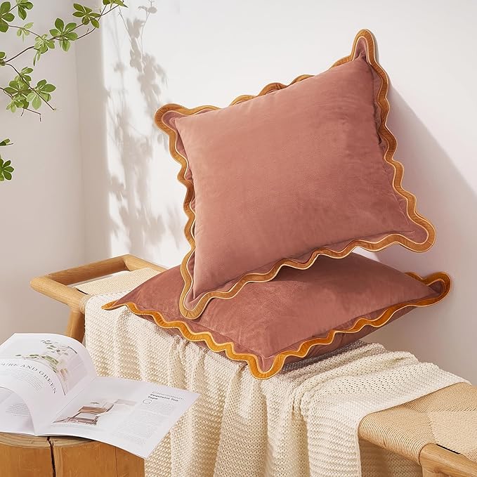 MONDAY MOOSE Decorative Throw Pillow Covers Cushion Cases, Set of 2 Soft Velvet Scalloped Wavy Edge Designs, Mix and Match for Home Decor, Pillow Inserts Not Included (18x18 inch, Pink/Honey)